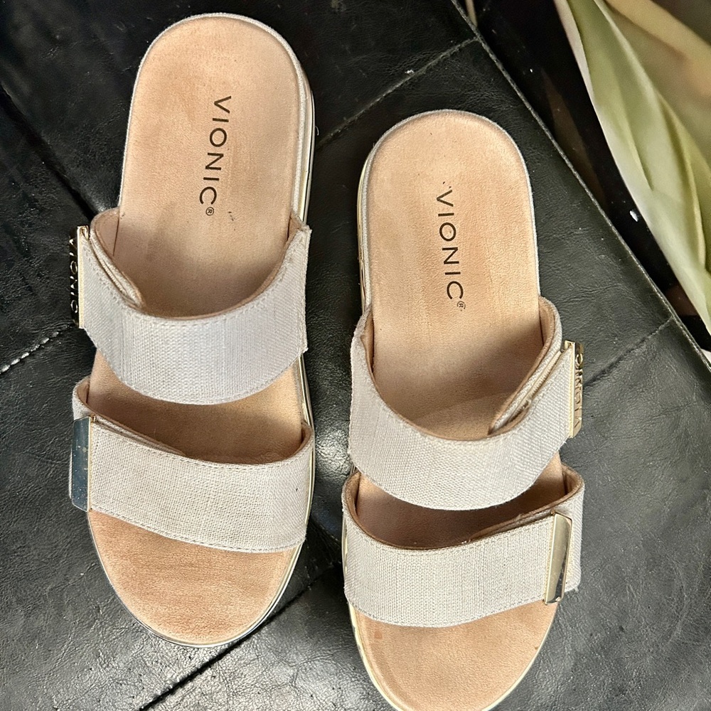 Vionic Beige Double-Strap Slide Sandals with Gold Accents